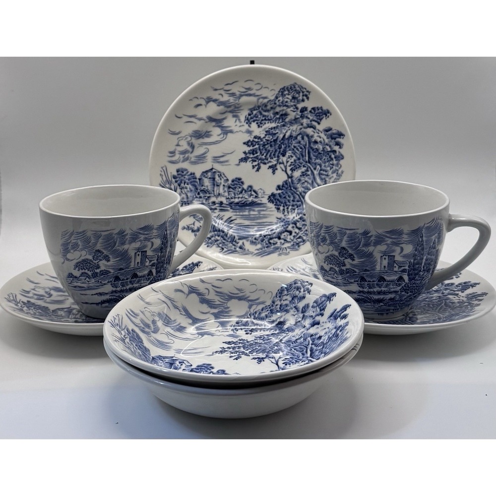 Vintage Enoch Wedgwood Countryside Blue 7 Pc Cup Saucer Bowl Plate Set England